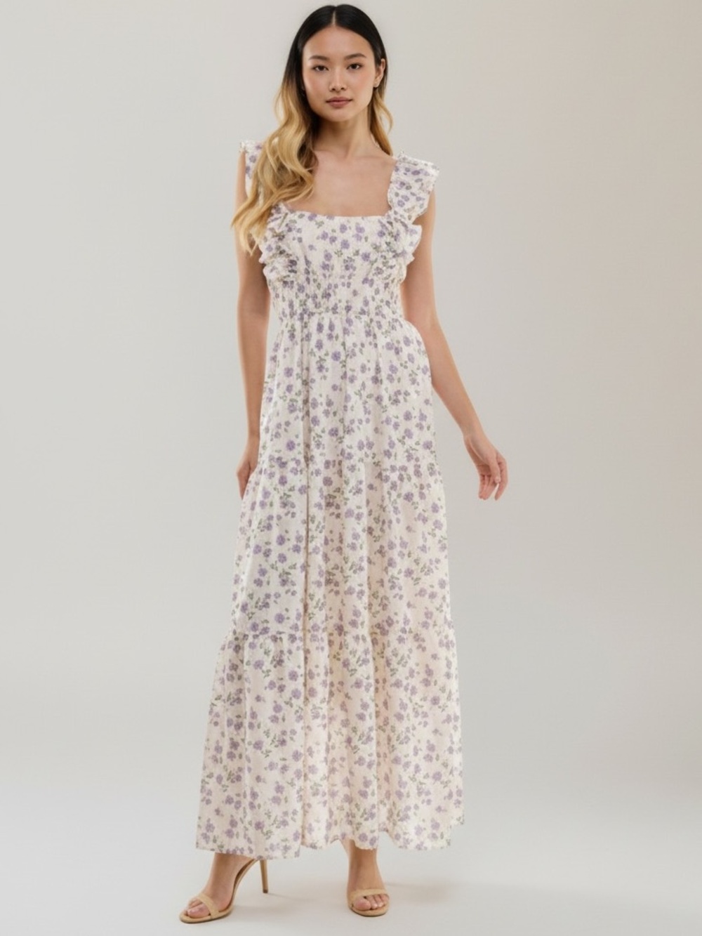 City Studio Floral Smocked Ruffle Maxi Dress Cream Purple XL